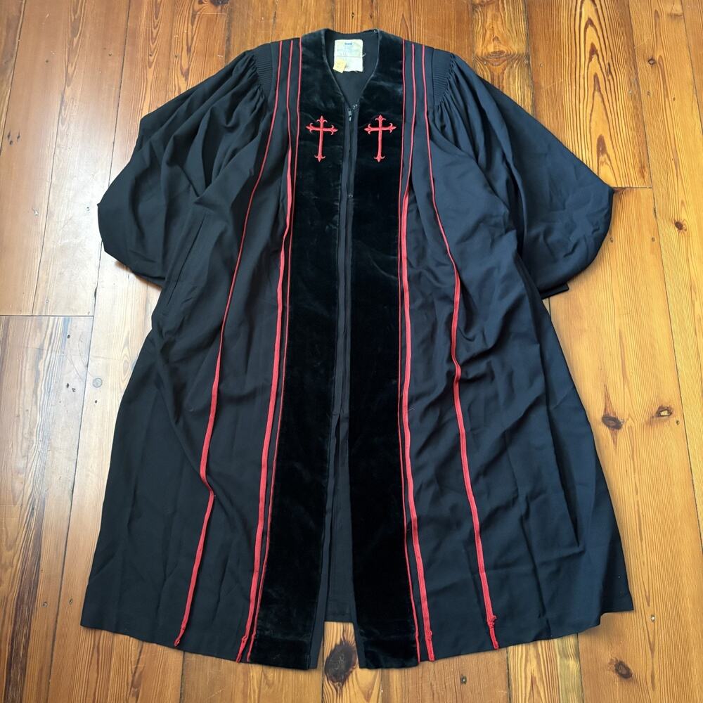 Vintage Murphy Robes Pulpit Clergy Black Red Cross Zip Up Length 57 Inches